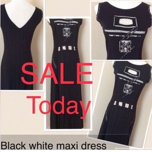 Vintage dress maxi dress black white one of kind dress fit and flair dress maxi